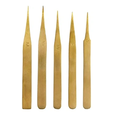 Image of Jewellers Tools Brass Tweezer Set, Non Magnetic, Watch Clock Repair, Soldering, Jewelry Making, 5 Included Styles with Storage Pouch