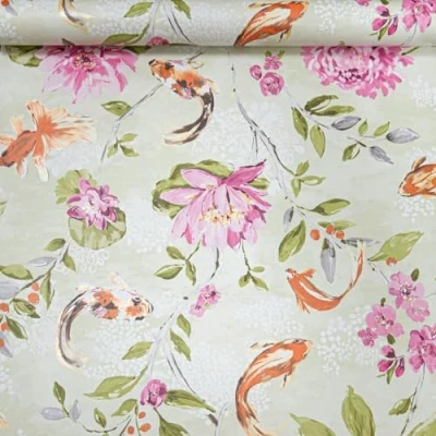 Image of SOPHIE LAURENCE Koi Carp Floral Sample Wallpaper Lime Green, Pink, Orange, Grey, Non Woven Vinyl, Vinyl Coated, Modern Style, Paste The Wall, Washable and Strippable