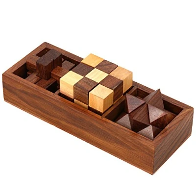 Image of Ajuny Wooden Puzzle Games Box Set Challenging Brain Teasers 3D Puzzles for Teens and Adults with Decorative Storage Interlocking IQ Test Handcrafted Game Gifts