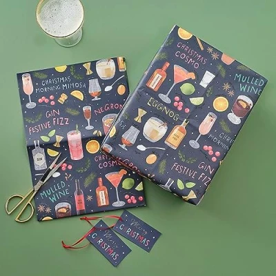 Image of Ginger Ray Christmas Festive Cocktails 2 Sheets Paper &amp; 4 Gift Tags Present Wrap Set