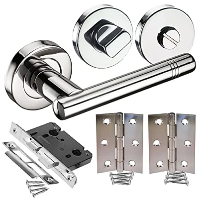 Image of Bathroom Door Handle Pack with Polished Stainless Steel Handles, Lock, Turn and Hinges H730015P HB1