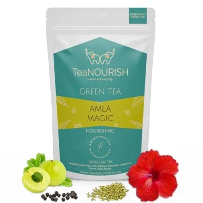 Image of TeaNOURISH Amla Magic Green Tea Whole Leaf Blended with Amla, Hibiscus, Fennel, Cardamom &amp; Cinnamon 100% NATURAL Brew Hot or Iced 3.53oz/100g