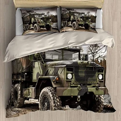 Image of NC Old Army Military Troop Transport Truck in Mud Decorative 3 Piece Bedding Set, Kids&#039; Duvet Cover Sets, Soft Microfiber Comforter Sets with 2 Pillow Shams Casual Modern Bedroom 200x200cm