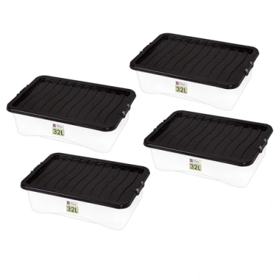 Image of Neat. Plastics 32L Heavy Duty Storage Box, Clear Base, Black Lid Organise Easily with Plastic Box Lid, Ideal Boxes for Storage, Durable Lids Pack of 4
