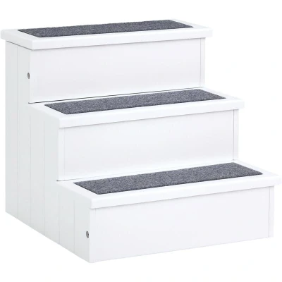 Image of PawHut 3 Step Wooden Dog Steps Pet Stairs for Dogs, Cat Ladder Bed Couch with Storage White