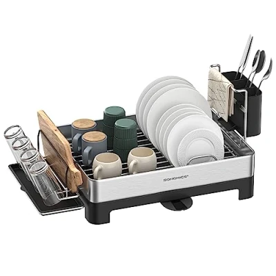 Image of SONGMICS Dish Drying Rack, Stainless Steel Drainer with Rotatable Spout, Drainboard, Cup Holder, Fingerprint Resistant, for Kitchen Counter, 31.7 x 57.2 cm, Silver and Black KCS030B01
