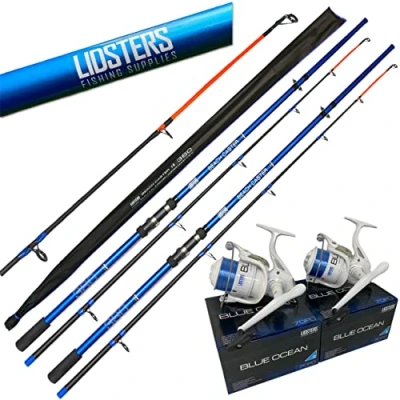 Image of 2 x LFS Blue Beachcaster Sea Fishing Rod 12ft 2pc + Lidsters Ocean 70 Reel with line