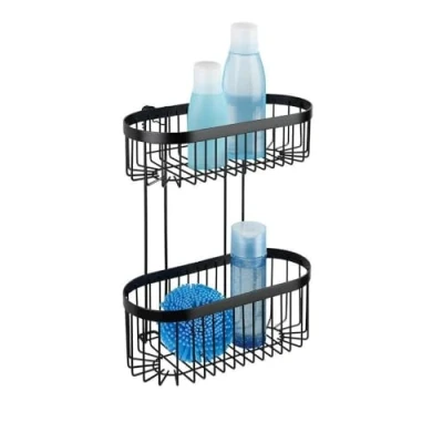 Image of WENKO Classic Plus Black Steel Wall Shelf with Hooks, 35 x 10.5 12.5 cm, Black, 26,5 33 14,5 cm