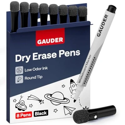 Image of GAUDER Whiteboard Marker Set (8 pens black) Dry and residue free erasable erase markers with sponge, ideal for whiteboards magnetic boards