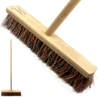 Image of 18 Stiff Outdoor Garden Broom Yard Brush with Natural Bassine Hard Bristle Wooden Long Handled for Garden, Decking, Pathways and Driveways Perfect Commercial Industrial Cleaning