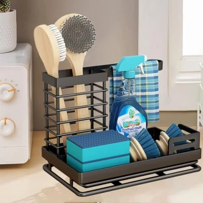 Image of COITROZR Sink Organiser, Sponge Holder Kitchen, Organiser Kitchen Stainless Steel with Removable Drip Tray, Dish Cloth Holder, Black,