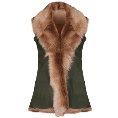 Image of Ladies Olive Women&#039;s Soft Real Toscana Sheepskin Leather Gilet Waistcoat L