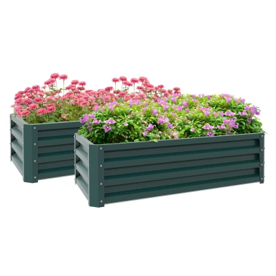 Image of Outsunny Steel Raised Beds for Garden Set of 2, Outdoor Elevated Planter Box, Easy to assemble, Growing Flowers, Herbs and Vegetables, Green