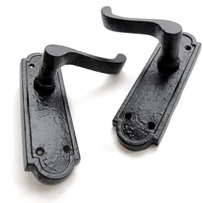Image of Pair of Black Hammered Victorian Scroll Lever Latch Door Handles ON Back Plate