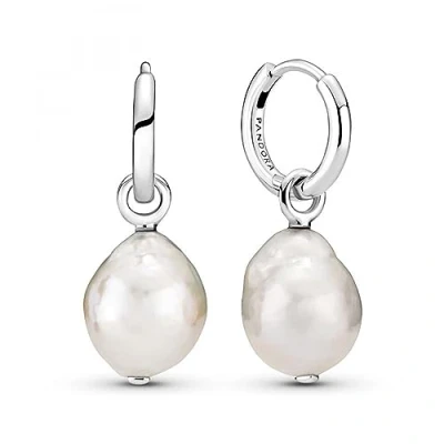 Image of Pandora Sterling silver hoop earrings with baroque white freshwater cultured pearl