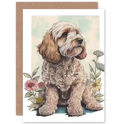 Image of Artery8 Cockapoo Dog with Spring Wildflowers Soft Watercolour Illustration Art Birthday Sealed Greeting Card Plus Envelope Blank inside