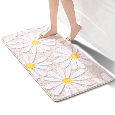 Image of QJHOMO beige Bathroom Rug Cute Daisy Bath Mat Non Slip Washable White &amp; Yellow Flower Soft Microfibre Shower Absorbent 60 x 120 cm，Beige (DEJHCX 004)