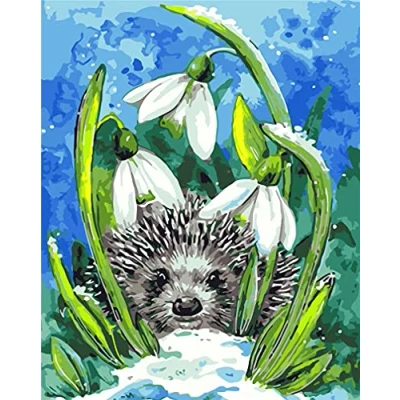 Image of Amiiba DIY Paint by Numbers Kits, Snow Hedgehog White Flowers 16x20 inch Acrylic Painting Number Wall Art Crafts (Hedgehog, Without Frame)