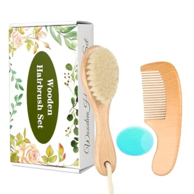 Image of Baby Wooden Brush and Comb Set, Set of 3 Natural Goat Hair with Find Teeth Cradle Cap for Newborns Toddlers Newborn Boys Girls (Green)