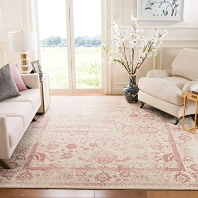 Image of SAFAVIEH Distressed Vintage Rug for Living Room, Dining Bedroom Adirondack Collection, Short Pile, in Ivory and Rose, 155 X 229 cm