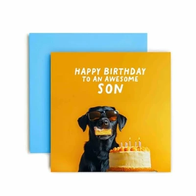 Image of Huxters Funny Son Happy Birthday Card Awesome Dog Cake Day Gift for Him 14.8cm (Son)