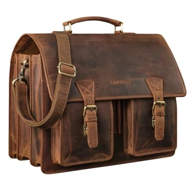 Image of STILORD &#039;Cory&#039; Leather Briefcase Men Women Large Teacher Bag XL Genuine 15.6 inch Laptop Business Vintage Satchel with Luggage Strap, Colour:middle brown