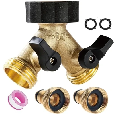 Image of hose splitter 2 Way, way tap Connector with Individual On/off and Two Quick Connector, 3/4&quot; Y Brass Connector,Garden fittings,Connectors fittings,Garden