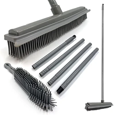 Image of Rubber Broom and Hand Brush Set − Soft Indoor, Carpet Sweeper Pet Hair Remover with 31cm Head 120cm 4 Section Metal Handle, Comes a