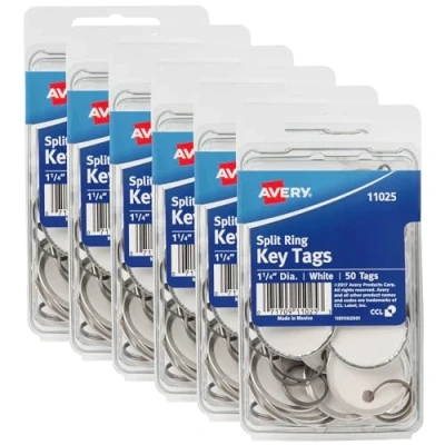 Image of Avery Metal Rim Key Tags 6 Pack, 1.25&quot; Diameter Tag, Split Ring, White, 300 Total (13128)