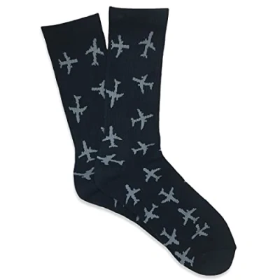 Image of Twin Jets Pattern, Aviation Themed Premium Crew Socks 1 Pair, Black With Gray, One Size