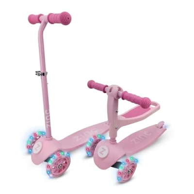 Image of Zinc 3 In 1 Kids Wheel Scooter Pink, Removable Seat, Height adjustable, LED Flashing Wheels, Lightweight, Perfect For Begginers, Boys &amp; Girls, 1+, Great Gift Idea