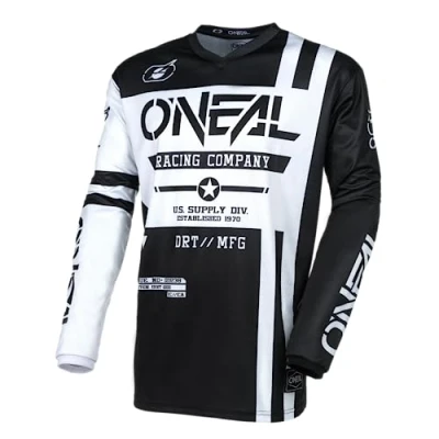 Image of O&#039;Neal Motocross Jersey Long Sleeve MX Enduro Padded Elbow Protection, V Neck, Breathable Element Warhawk V.24 Adult Black White Size M
