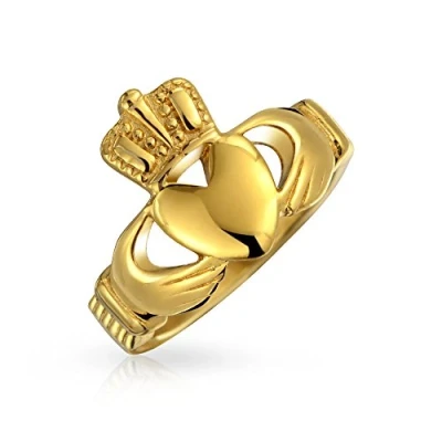 Image of Bling Jewelry Personalize Unisex Heart Band BFF Celtic Irish Friendship Couples Promise Claddagh Ring for Men Women Teen Gold Tone Stainless Steel Customizable