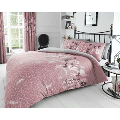Image of FAIRWAYUK Feathers Pink Duvet Cover Set Double, Reversible Quilt Bedding With Pillowcase, Ultra Soft, Easy Care