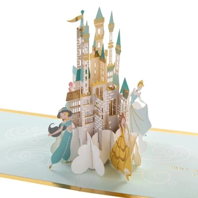 Image of Hallmark Disney Princesses &amp; Castle, 3D Pop Up Card, Any Occasion, Birthday, Princess, Ariel, Belle, Jasmine, Cinderella, Blue, Gold