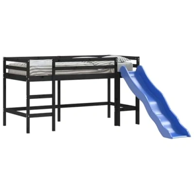 Image of vidaXL Kids&#039; Loft Bed with Slide, Frame for Children Bedroom, Mid Sleeper Bunk Single, Modern Style, Black 80x200 cm Solid Wood Pine