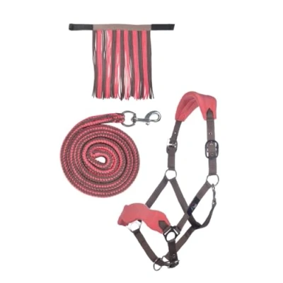 Image of HKM 10733 Halter Set, Fly Fringe Knitted 180 cm Carabiner, Mocha/Milky Pink WB