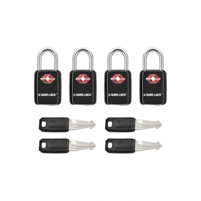 Image of SURE Lock TSA Approved Luggage Locks Mini Size with Keys for Travel, Zinc Alloy Body Steel Shackle, Key Alike in The Same Package (Black 4 Locks)