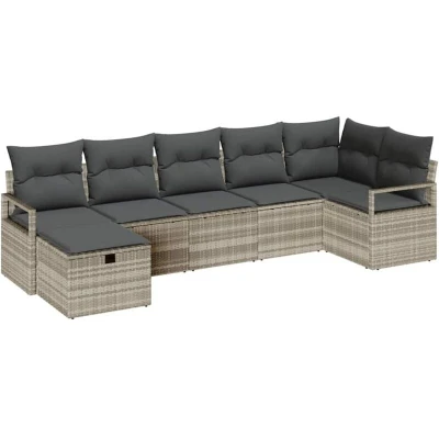 Image of vidaXL 7 Piece Garden Sofa Set with Cushions Light Grey Poly Rattan