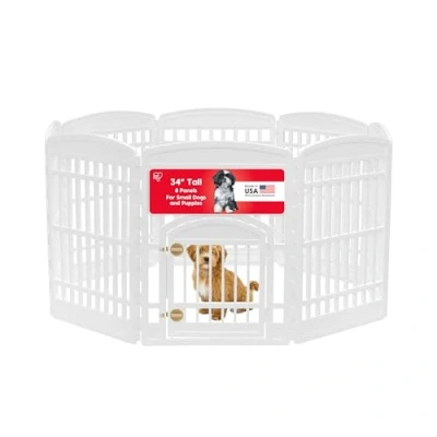 Image of IRIS USA 34&quot; Exercise 8 Panel Pet Playpen with Door, Dog Playpen, for Medium and Large Dogs, Keep Pets Secure, Easy Assemble, Fold It Down, Storing, Customizable, White