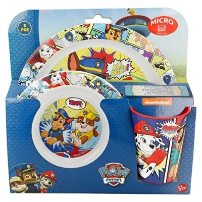 Image of Stor Paw Patrol Comic 3pcs Micro Dinner Tableware Set Plate, Bowl &amp; Cup, BPA Free