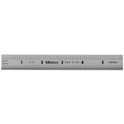 Image of Mitutoyo Steel Rule, 6/150mm, 3/64&#039;&#039; Thick, 3/4&#039;&#039; Wide, Satin Chrome Finish, Tempered Stainless Steel, Inch and Metric Graduations