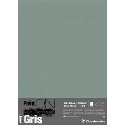 Image of Clairefontaine Ref 975812C Paint&#039;ON Multi Technique Grey Paper (15 Sheets) 50 x 65cm, 250gsm Heavyweight Paper, Slight Rough Grain, Acid Free, pH Neutral