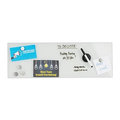 Image of Relaxdays Magnetic Glassboard, Wipeable, for Office &amp; Home, Magnets Pen, Memoboard, Whiteboard HxW: 20 x 60 cm, White