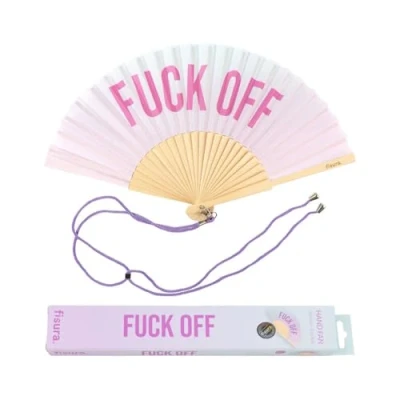 Image of Fisura Original Handheld Folding Fan with message in english. Colourful wooden fan. holding Hand Fans. hanger included (Off, purple gradient)