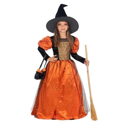 Image of Funidelia Premium Witch Costumes for girl Witch, Wizards, Halloween, Horror Costume kids accessory fancy dress &amp; props carnival parties Size 7 9 years Orange