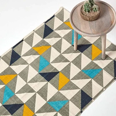 Image of HOMESCAPES Geometric Printed Rug &#039;Copenhagen&#039; 100% Cotton Blue, Yellow, Grey &amp; White Rug, 120 x 170 cm