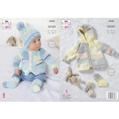 Image of King Cole Baby Aran Knitting Pattern Raglan Sleeve Jacket Coat Hat &amp; Socks (6048), 16&#039;&#039; 24&#039;&#039;