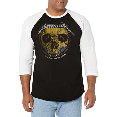 Image of Metallica Men&#039;s Now That We&#039;re Dead Raglan Baseball Jersey T Shirt, Black/White, Large
