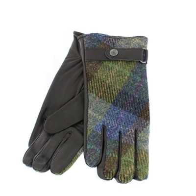 Image of Failsworth Ladies Harris Tweed &amp; Leather Glove. (Medium/Large, Blue/Green Check)